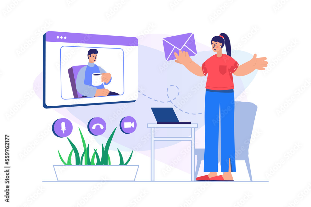 Video chatting concept with people scene. Woman receives messages and communicates online with man using laptop and video call program. Illustration with character in flat design for web banner