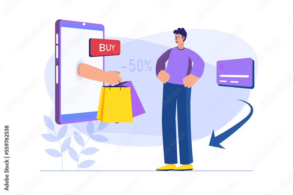 Mobile commerce concept with people scene. Man buyer chooses new products, makes purchases, orders and pays online in application. Illustration with character in flat design for web banner Mobile commerce concept with people scene. Man buyer chooses new products, makes purchases, orders and pays online in application. Illustration with character in flat design for web banner