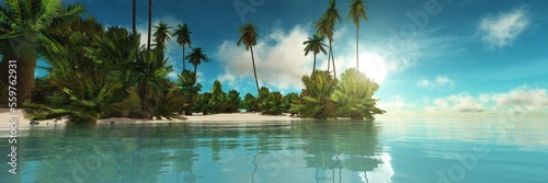 Panorama of a beach with palm trees on an island in the ocean during sunset against a sky with clouds, 3d rendering