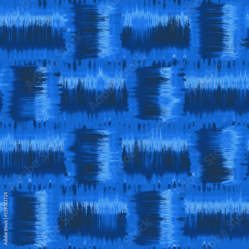 Deep Blue Watercolor-Dyed Effect Brushed Textured Checked Pattern