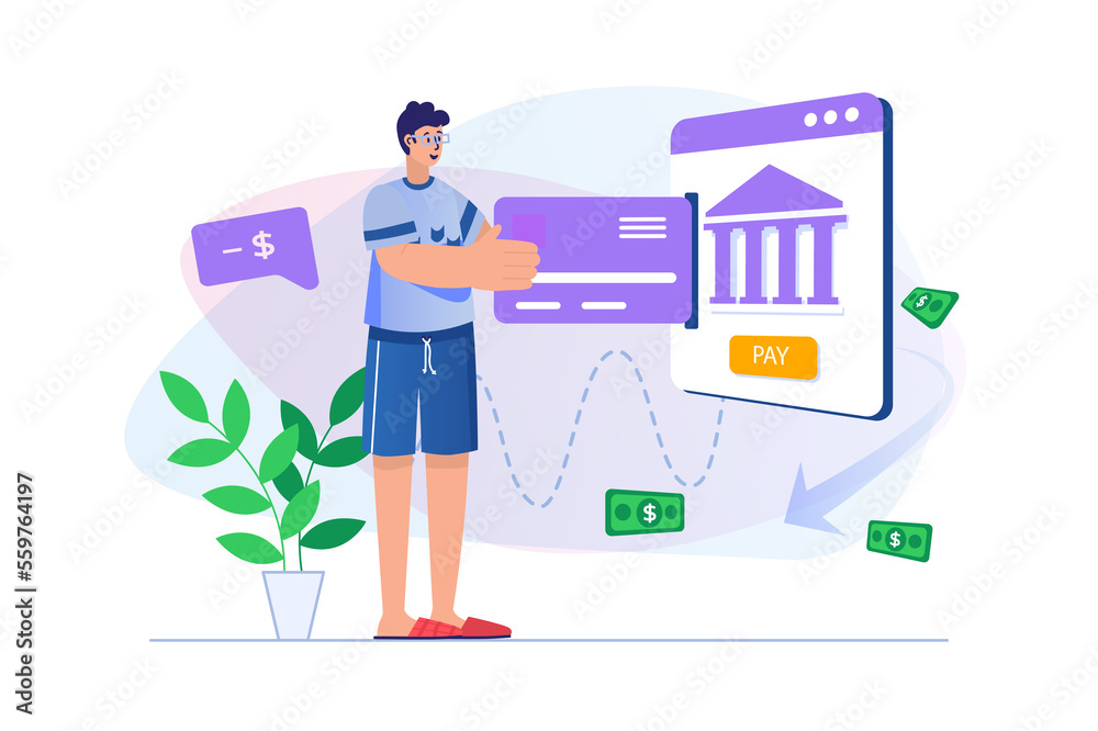 Mobile banking concept with people scene. Man opens financial account in bank, manages balance and transfers using mobile application. Illustration with character in flat design for web banner