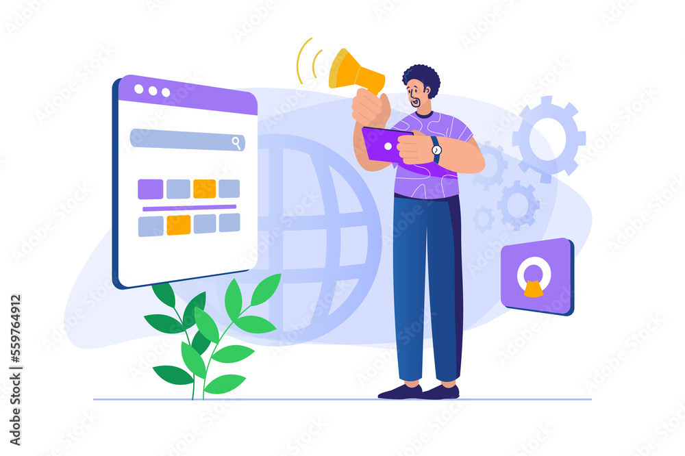 Digital marketing concept with people scene. Man makes promo campaign in social networks, promotes business online, analyzes data. Illustration with character in flat design for web banner Digital marketing concept with people scene. Man makes promo campaign in social networks, promotes business online, analyzes data. Illustration with character in flat design for web banner
