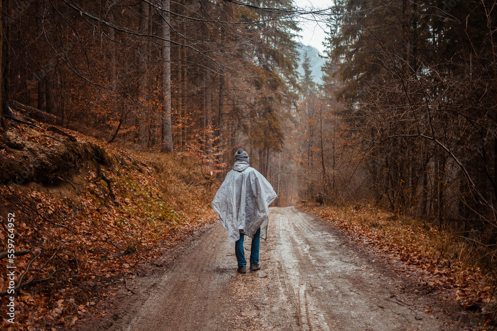 man in raincoat walks through forest, rain, loneliness, autumn and winter, man inside himself, reflections. man in raincoat walks through forest, rain, loneliness, autumn and winter, man inside himself, reflections.