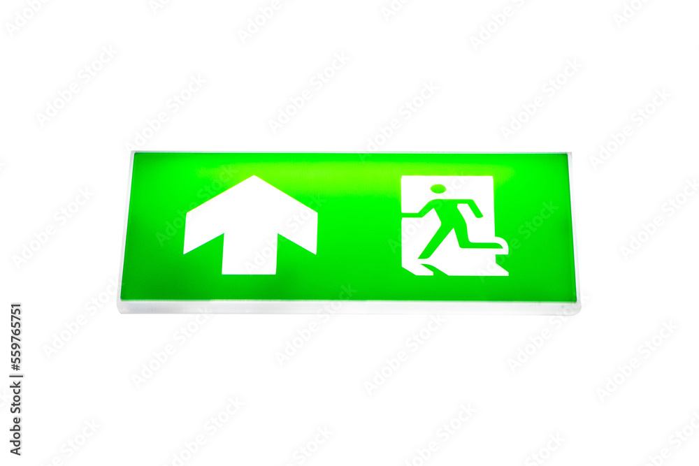 Fire exit green emergency exit signs. Escape sign hang on ceiling in the dark building near stairway. warning plate with running man icon and arrow to straight on way. isolated cutout PNG background. Fire exit green emergency exit signs. Escape sign hang on ceiling in the dark building near stairway. warning plate with running man icon and arrow to straight on way. isolated cutout PNG background.