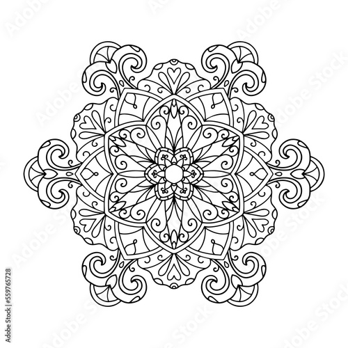 Vector mandala with flowers and leaves. Botanical coloring book for adults and children. Black pattern on a white background