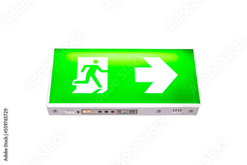 Fire exit green emergency exit signs isolated cutout PNG. Fire escape sign hang on ceiling in the dark building near stairway. warning plate with running man icon and arrow to right way.