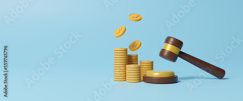 Financial law and compensation lawsuits concept. Stack of coins and judge gavel on blue background. Penalty fine to pay for prohibited legal,charge and expense punishment notice.3d render illustration