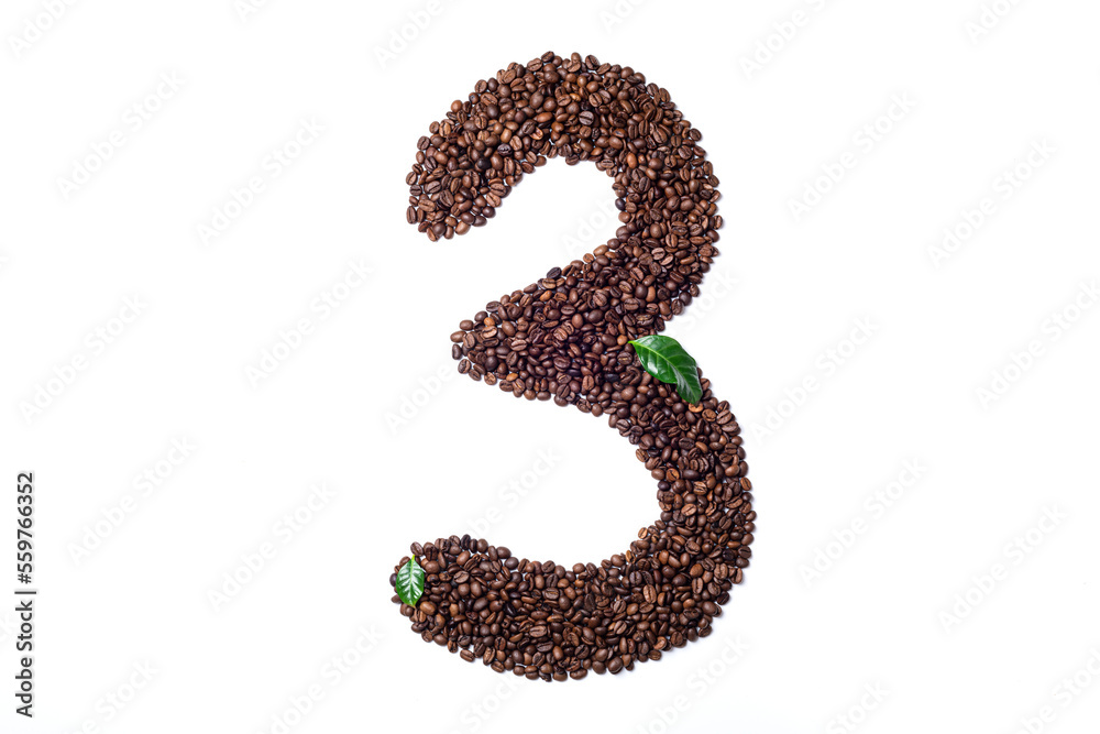 Number made with coffee beans on white background. Number 3 three made of coffee. Coffee number 3 three isolated on white Number made with coffee beans on white background. Number 3 three made of coffee. Coffee number 3 three isolated on white
