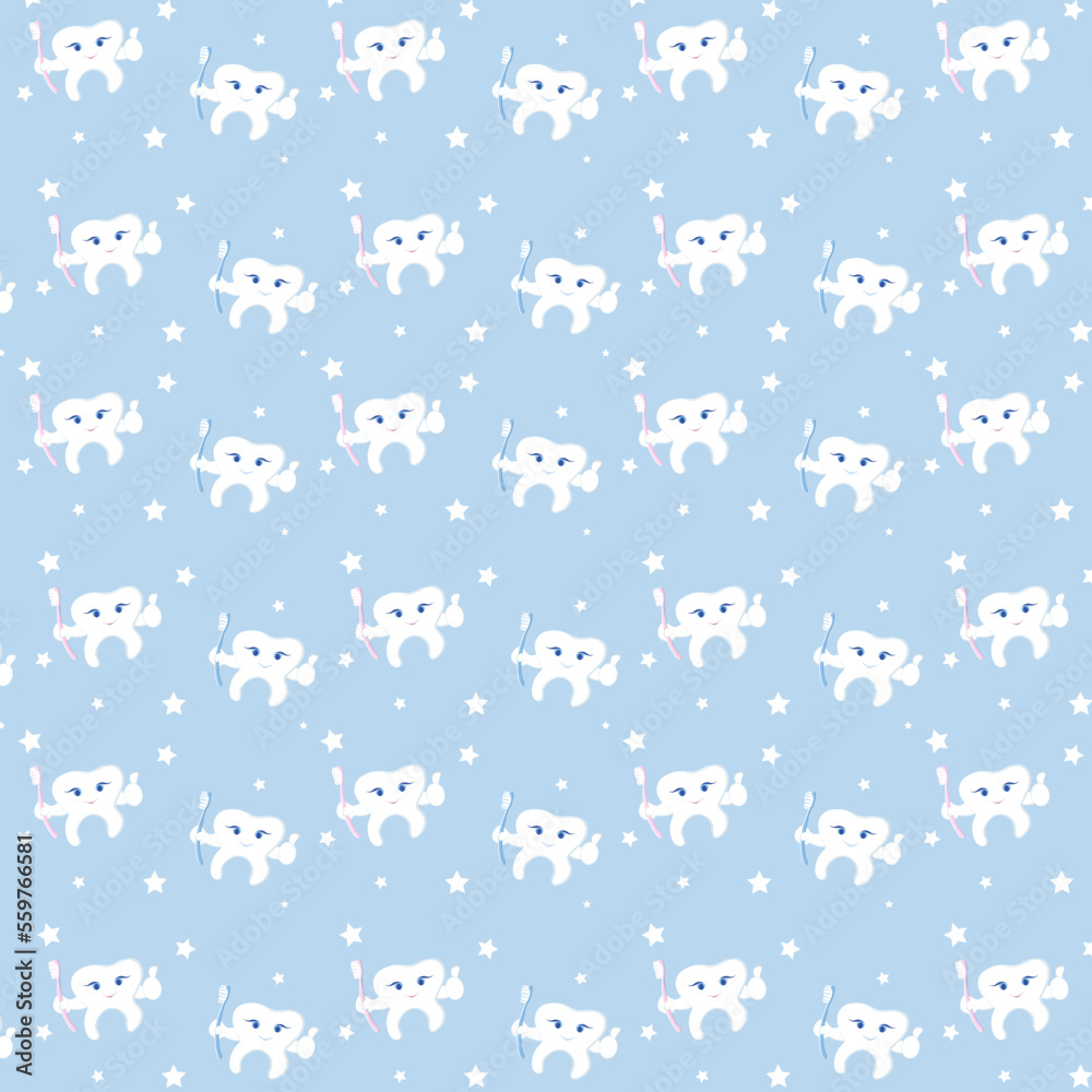 Seamless pattern with cartoon teeth, blue and pink.