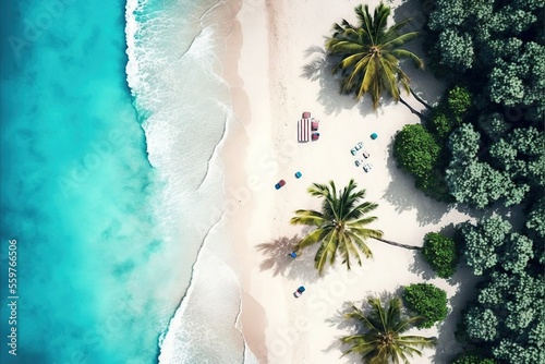 Tableau sur toile Aerial drone view of beach from above, blue water, tropical vacation