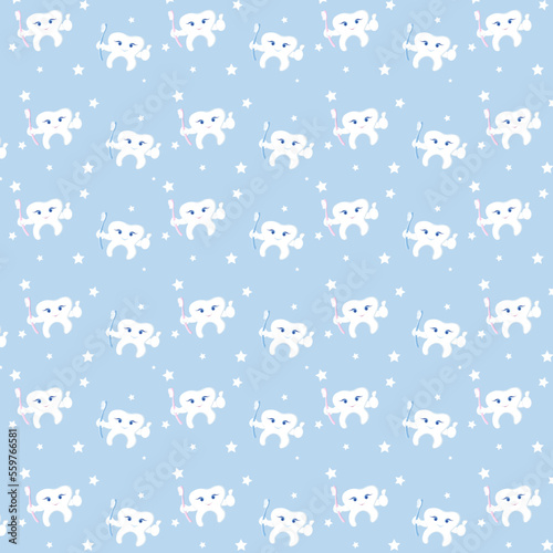 Seamless pattern with cartoon teeth, blue and pink.