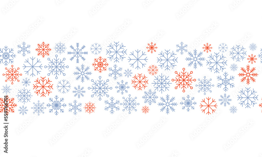 Snowflake seamless border. Snowflakes seamless pattern. Snowfall repeat backdrop. Winter holidays theme. Seamless background with snowflakes. Vector illustration Snowflake seamless border. Snowflakes seamless pattern. Snowfall repeat backdrop. Winter holidays theme. Seamless background with snowflakes. Vector illustration