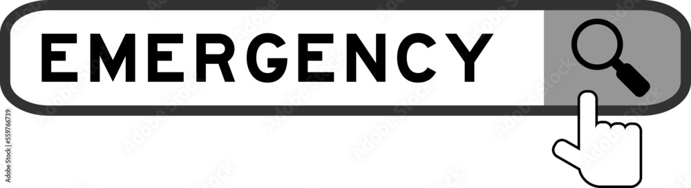 Search banner in word emergency with hand over magnifier icon on white background Search banner in word emergency with hand over magnifier icon on white background