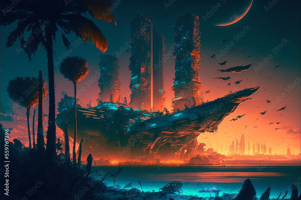 Huge ocean cruiser in cyberpunk future city megapolis on a beach with ...