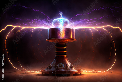 illustration of a steampunk style tesla coil releasing lightning on a dark background, generative ai