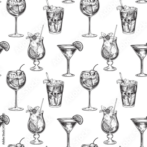 Vector seamless pattern with hand drawn cocktails in sketch style