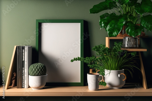 A living room interior design featuring a brown mock up photo frame on a green shelf with lovely plants in various hipster and design pots. stylish clothing and accessories. Gardening in one's own yar photo