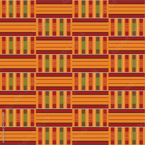 Kente cloth. African textile. Ethnic seamless pattern. Tribal geometric print. 