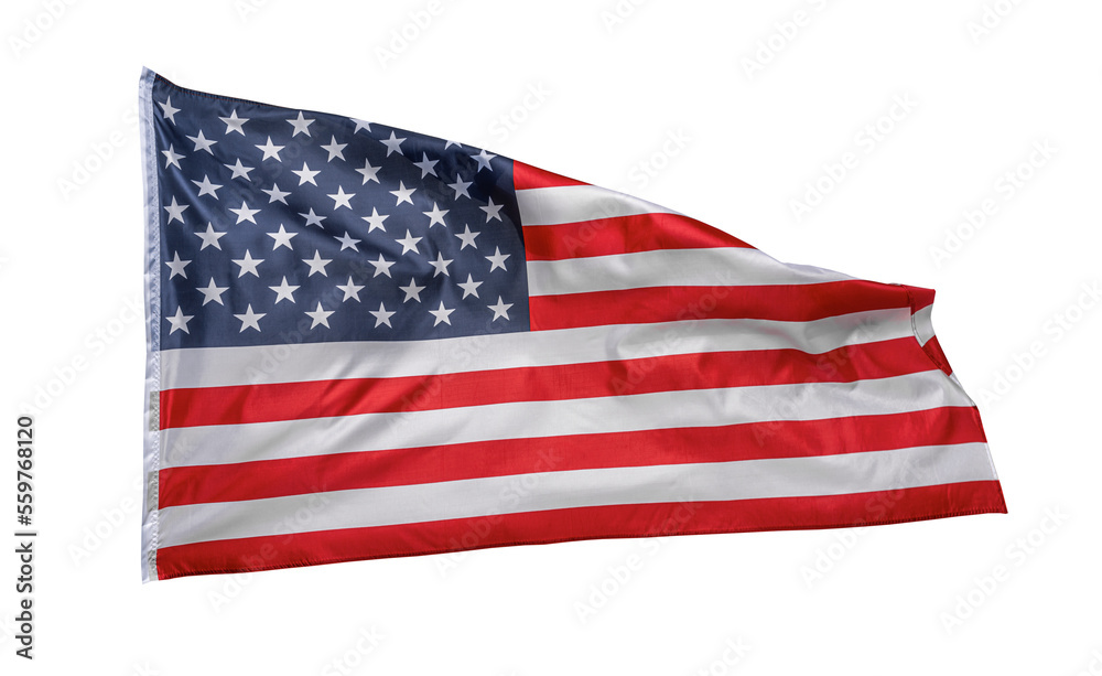Fototapeta premium US flag on white background. Whole USA flag waving in the wind isolated on white. Patriotic concept.