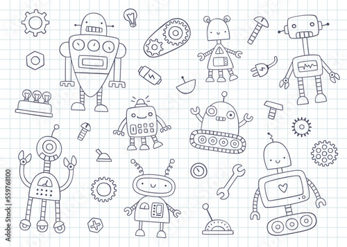 Doodle cute robots outline set for kids. Funny vector prints collection with hand drawn robots for children.