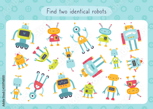Mini game with cute robots for kids. Search for identical robots. Funny vector robots game for baby boys.
