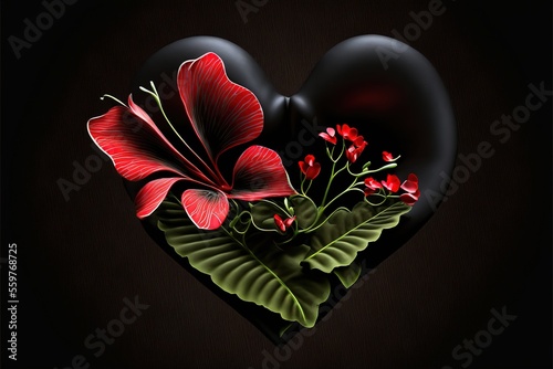 Black floral heart on black background. Valentines Day. Love. Poster St. Valentine's Day. Generate AI. photo