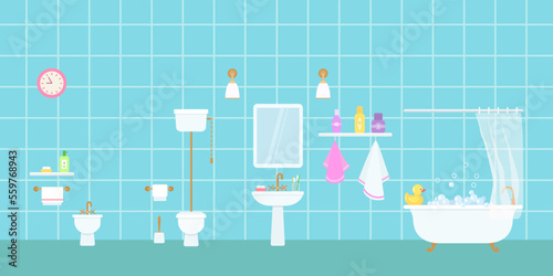 Retro clawfoot bathtub, toilet, bidet and sink with toiletries on blue background. Home interior concept. Cartoon flat style. Vector illustration