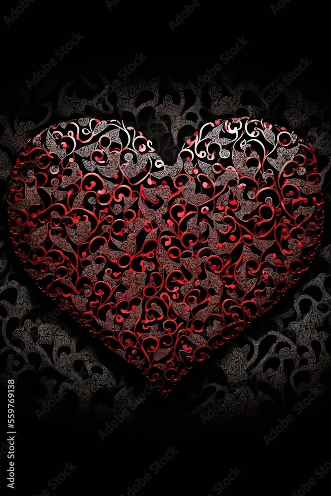 Hearts on black background with ornament. Valentines Day. Love. Wedding. Gifts & Card. St. Valentine's Day. Generate AI.