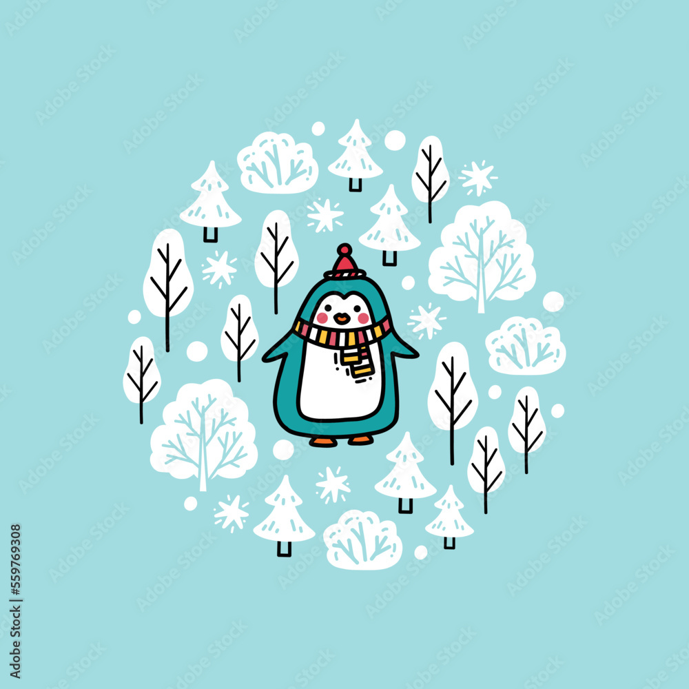 Illustration Of A Cute Baby Penguin With Snowflakes