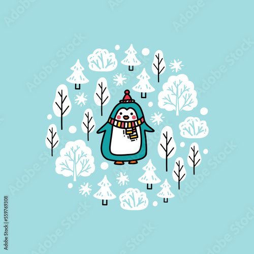Winter composition with cute baby penguin, snowy trees, snowflakes hand drawn in doodle style. Funny illustration with place for a text for kids greeting cards, invitations, posters, textile