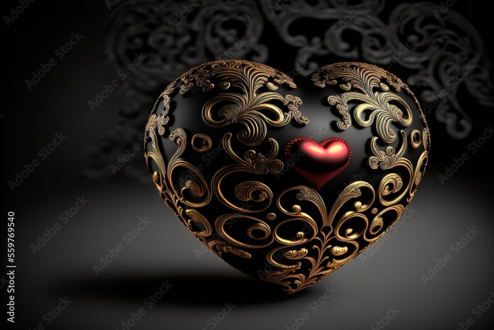 Heart on black background. Heart with floral ornament. Russia. Valentines Day. Love. Wedding. Gifts & Card. St. Valentine's Day. Generate AI. Heart on black background. Heart with floral ornament. Russia. Valentines Day. Love. Wedding. Gifts & Card. St. Valentine's Day. Generate AI.