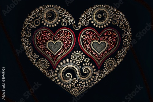 Heart on black background. Heart with floral ornament. Valentines Day. Love. Wedding. Gifts & Card. St. Valentine's Day. Generate AI.	 photo
