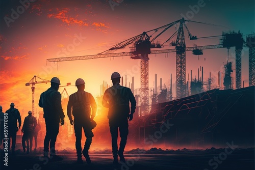Silhouette of engineer and construction team working at site over blurred background sunset , ai generated