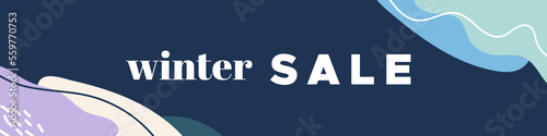 Winter sale colorful banner. Abstract organic wavy shapes background. For newsletter, web header, social media post, promotional banner, advertising and identity. Vector illustration, flat design