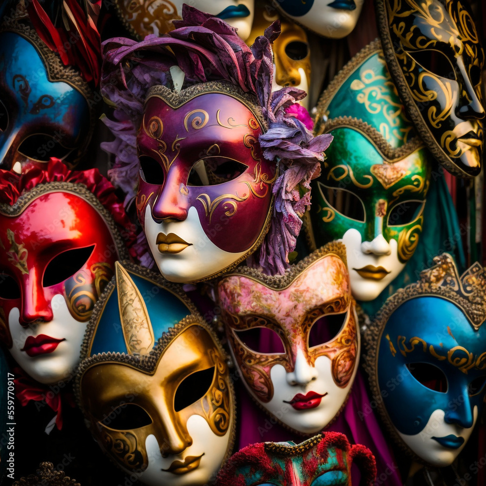 Colorful carnival masks at a traditional festival in Venice, Italy, Generative AI	