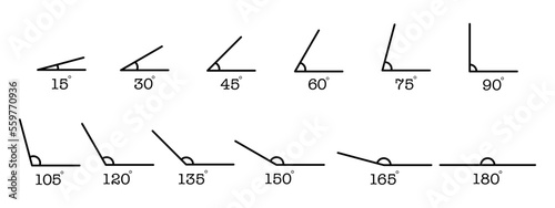 Various angle vector icon set on white background. 15, 30, 45, 60, 75, 90, 105, 120, 135, 150, 165 and 180 degree illustration.