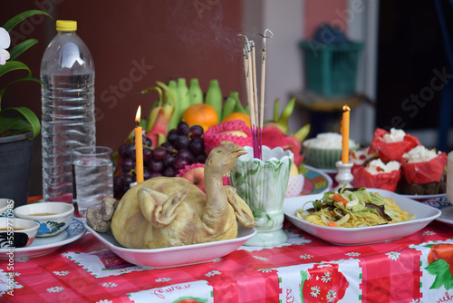 Chicken and components on Chinese new year for sacrificial offering Chinese culture.