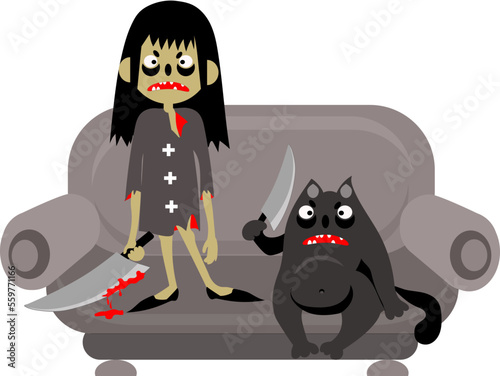An evil girl with a knife in her hands and an evil black cat are located on a gray sofa. Cartoon.