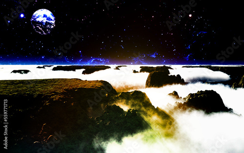 惑星から宇宙に浮かぶ地球を眺める