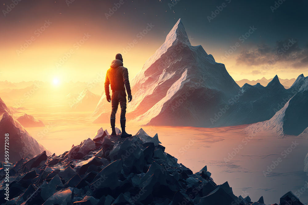 Man standing top of mountain on sunset sky background. Travel vacation and freedom concept. Generative AI