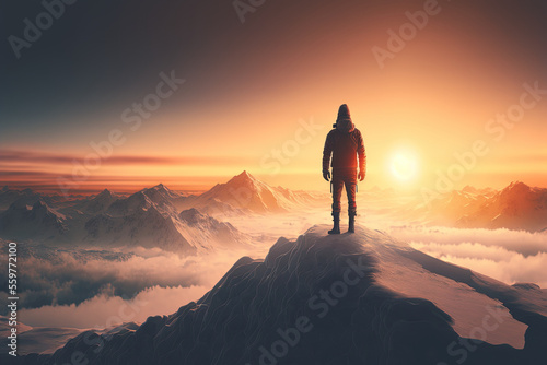 Man standing top of mountain on sunset sky background. Travel vacation and freedom concept. Generative AI