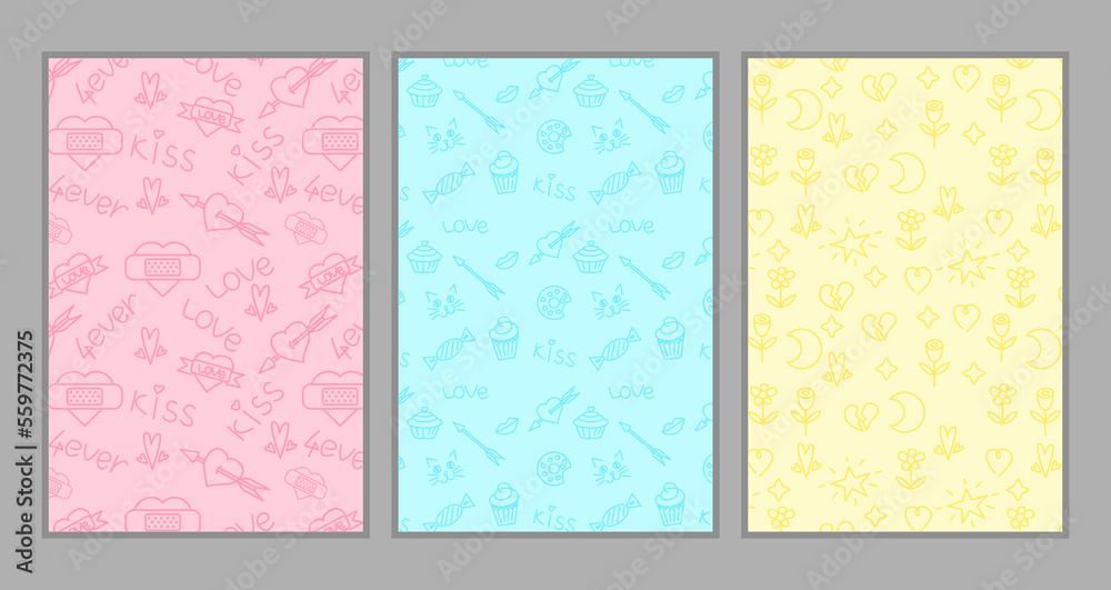 Set of backgrounds with cute doodle icons. Hearts, stars, sweets and other symbols of love