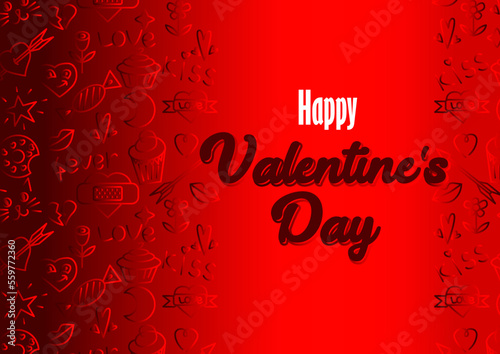 Valentine's day greeting card. Red background, cute doodles. Hearts, stars, sweets and other symbols of love