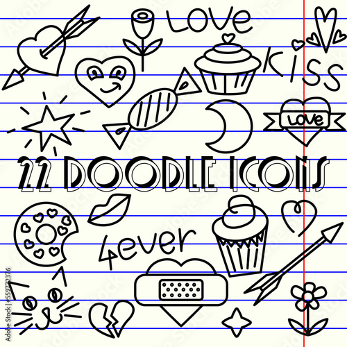 22 doodle icons for creating illustrations, banners, postcards. 22 doodles on the topic of love, emotions, Valentine's Day