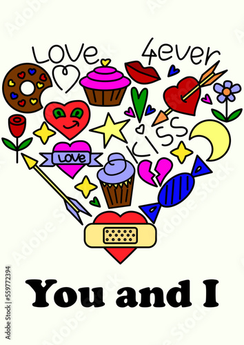 Funny postcard for Valentine's Day, with colored hearts, stars, sweets and other symbols of love