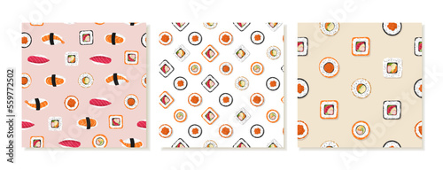 Set of Seamless Patterns with Rolls and Sushi. Japanese Asian food, healthy eating, cooking, menus. Vector illustration.