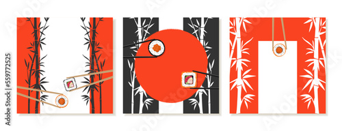 Set of square posts for social media with Japanese, rolls with room for text. Menu, food concept, restaurant advertising. Banner, promo, discount, sale. Vector