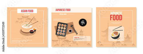 Set of square social media posts with Japanese architecture, food, rolls, ramen soup. Banner, promo, discount, sale. Vector