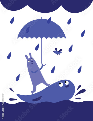 Blue rabbit holding umbrella standing in water on the back of a huge fish - vector version.  (ID: 559772717)