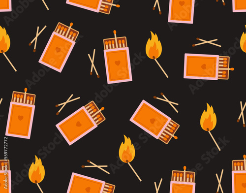 Seamless pattern of a matchbox, burnt matchstick, matchstick with fire. Concept of valentine's day, romance, good moments, love, fire, match. 